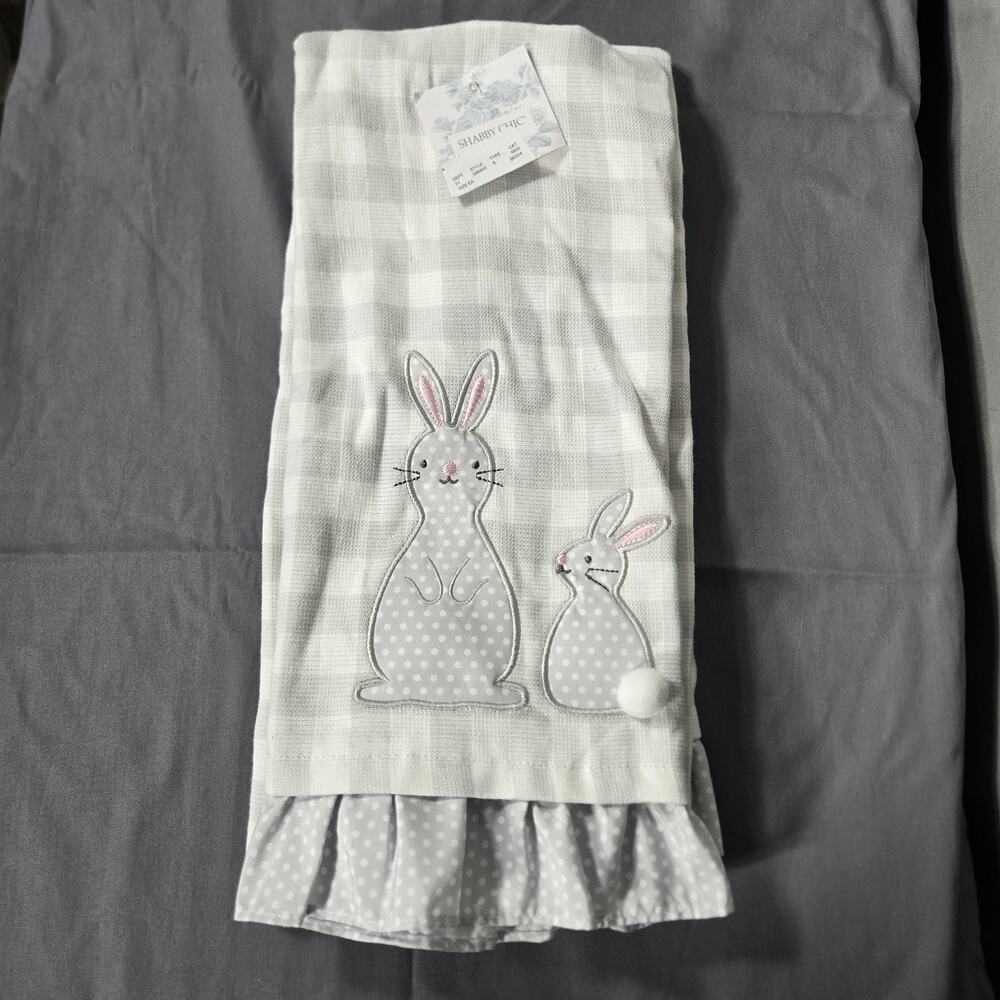 Shabby Chic Easter Bunny Kitchen Towels Set 2 Gray Gingham Ruffle Applique NWT